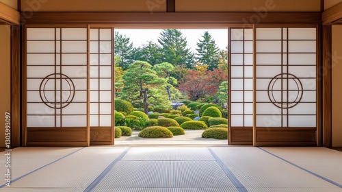 View of a Japanese garden from inside a traditional tatami room with shoji sliding doors. Concept of zen, tranquility, and Japanese culture.