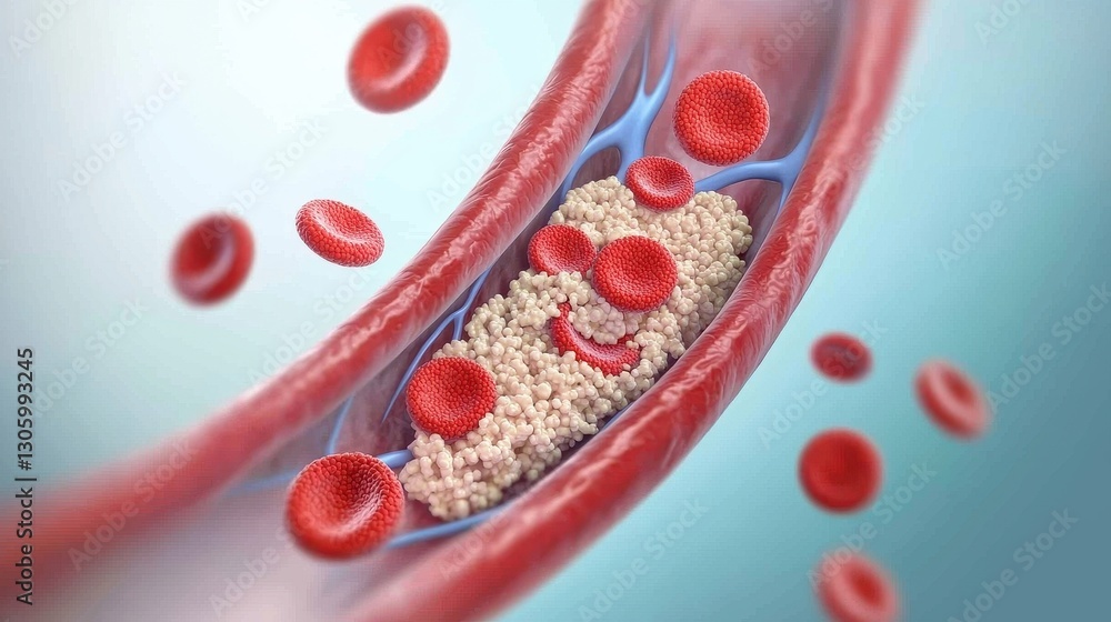 Fototapeta premium An illustration of blood cells flowing through a blood vessel, highlighting their interaction with a clot or foreign substance.
