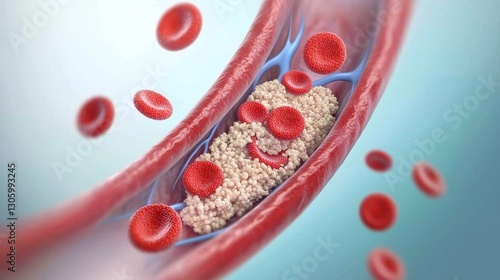 An illustration of blood cells flowing through a blood vessel, highlighting their interaction with a clot or foreign substance.