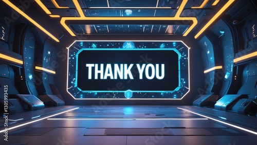Futuristic sci-fi interior with a large screen displaying 'Thank You' in a modern space