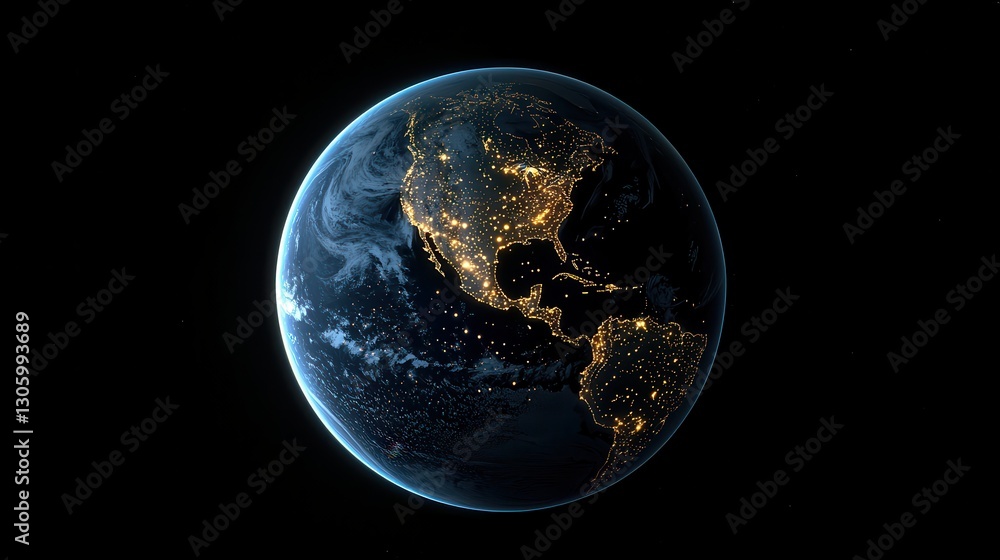 A stunning view of Earth at night, showcasing illuminated cities across North America and South America against a backdrop of deep space. A stunning view of Earth at night, showcasing illuminated cities across North America and South America against a backdrop of deep space.