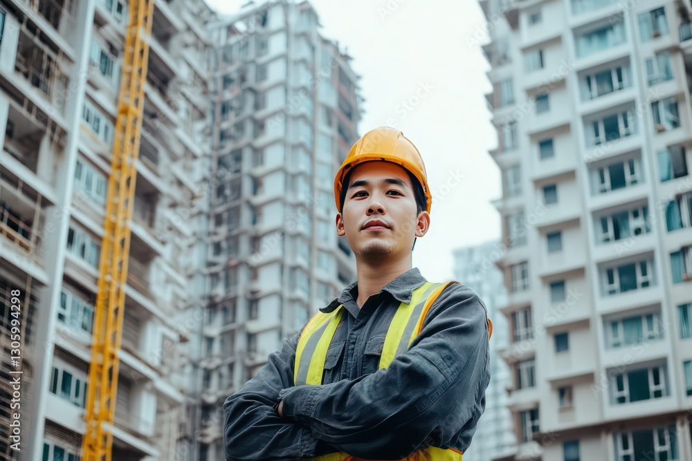 An Asian foreman standing in front of a partially completed high-rise, monitoring site progress. An Asian foreman standing in front of a partially completed high-rise, monitoring site progress.
