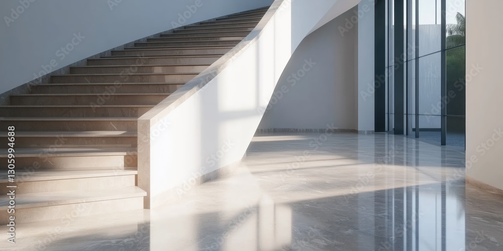 A sleek modern staircase with elegant curves and soft light highlights, showcasing contemporary interior design and the beauty of minimalist architecture. A sleek modern staircase with elegant curves and soft light highlights, showcasing contemporary interior design and the beauty of minimalist architecture.