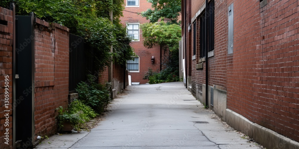 Obraz premium A tranquil alleyway flanked by greenery, showcasing beautiful urban landscaping that invites exploration and reflects the essence of city life and community.