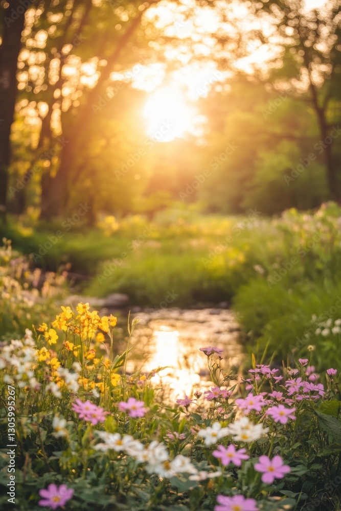 Obraz premium Beautiful colorful wild flowers in deep foggy forest with sun light in Spring.
