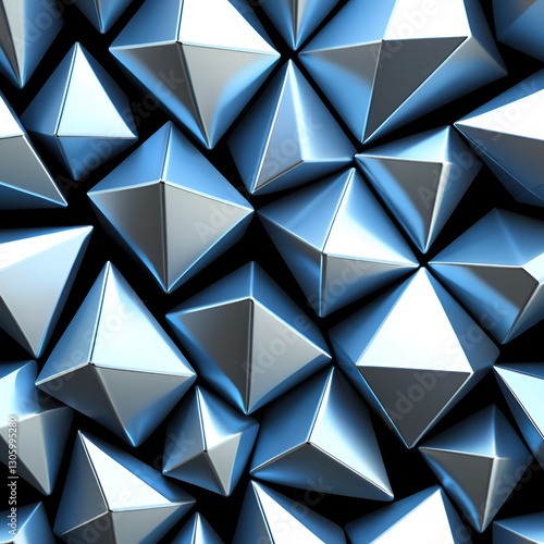 Abstract geometric metallic shapes with sharp angles and reflective surfaces