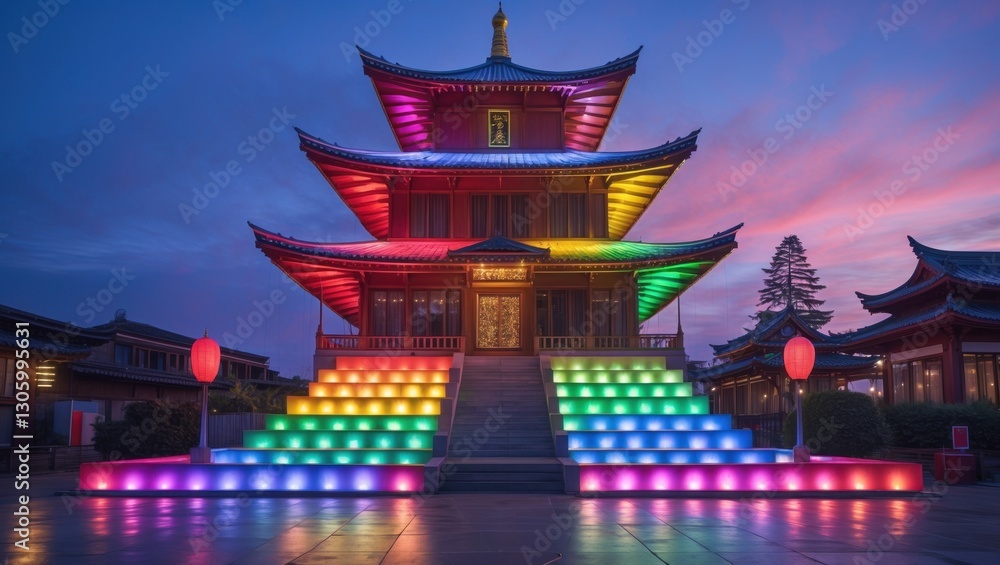 Obraz premium Vibrantly lit traditional pagoda during dusk, showcasing colorful LED lights and a serene atmosphere