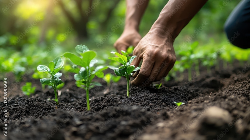 Hands planting young seedlings in soil. Illustrates growth, agriculture, and new beginnings. Hands planting young seedlings in soil. Illustrates growth, agriculture, and new beginnings.