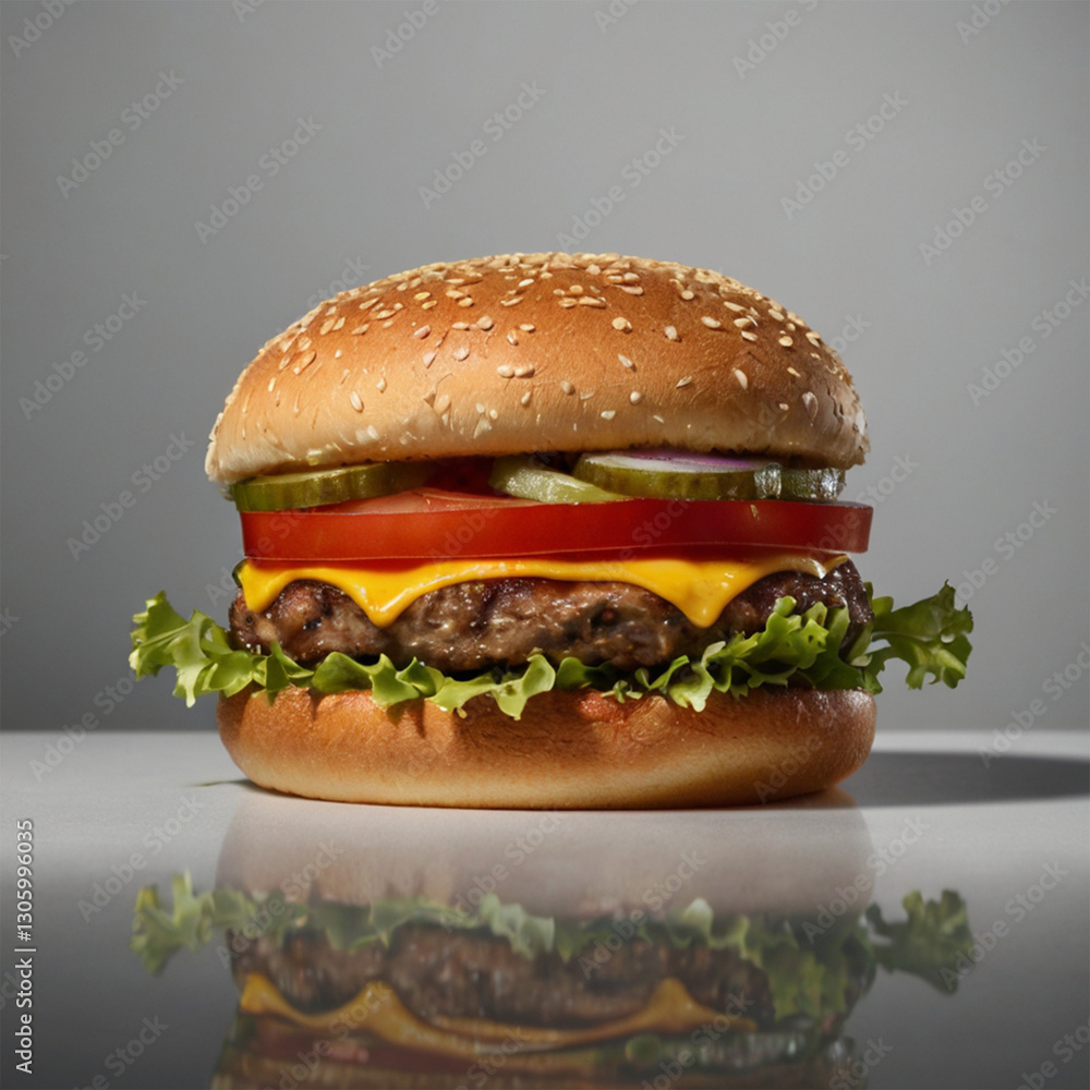 A cheeseburger with lettuce tomato and onion on a sesame bun served on a white plate against a white background A cheeseburger with lettuce tomato and onion on a sesame bun served on a white plate against a white background