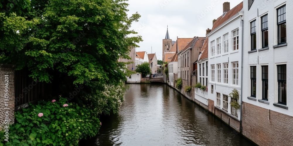 Obraz premium This image features a picturesque canal lined with charming historic buildings and lush greenery, capturing a serene moment in a quaint urban setting.