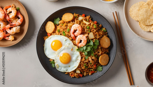 flat lay nasi goreng on sleek plate