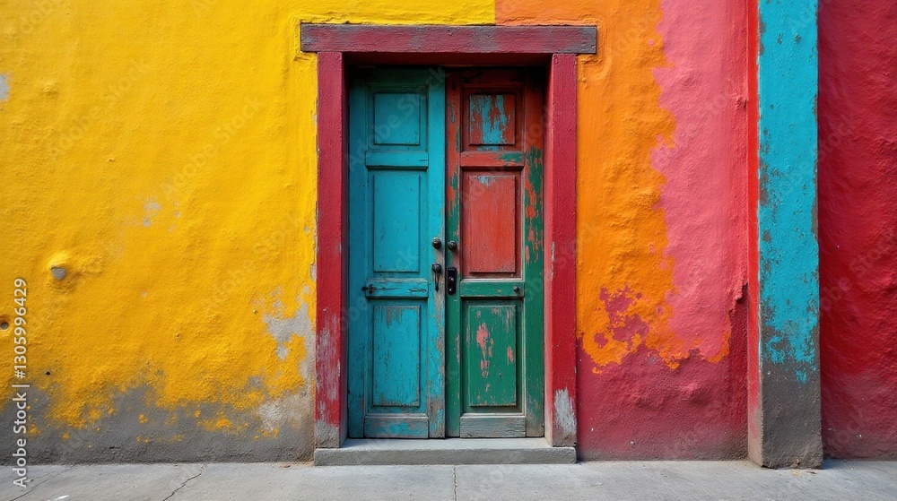 Fototapeta premium Vibrant Hues of a Weathered Double Door Set Against a Multicolored Wall