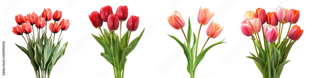 Collection of fresh tulips bush, cut out on white or transparent background Collection of fresh tulips bush, cut out on white or transparent background