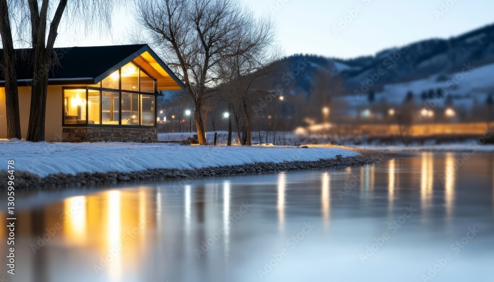 Fototapeta premium Cozy riverside cabin illuminated at dusk with reflections on the still water in a tranquil winter setting