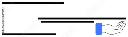 Outstretched hand facing up paired with black horizontal lines representing assistance, balance, and connection. Ideal for support, charity, empathy, collaboration, sharing, harmony human