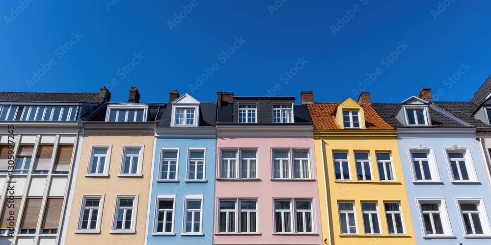 Fototapeta premium A picturesque view of charming urban buildings with colorful facades under a clear blue sky, capturing the essence of city life and architectural diversity.