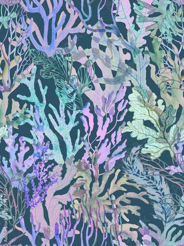 Wallpaper Mural Corals and seaweed painted in watercolor. Seamless pattern with sea plants. Watercolor wallpaper with underwater plants. Torontodigital.ca