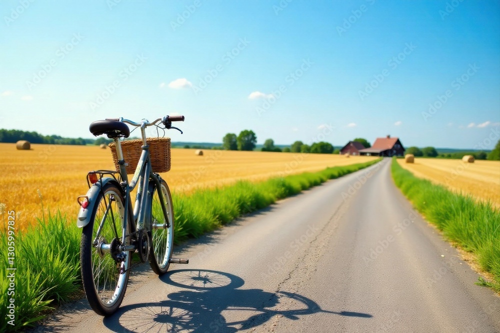 Fototapeta premium A bicycle with a wicker basket sits on a rural road, next to a golden field, under a bright summer sky, ready for a leisurely countryside ride.