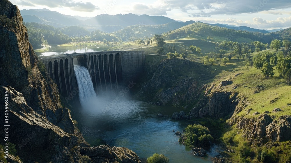 Fototapeta premium A dam in a remote, rocky landscape, with water pouring through its spillways, surrounded by verdant hills and towering cliffs