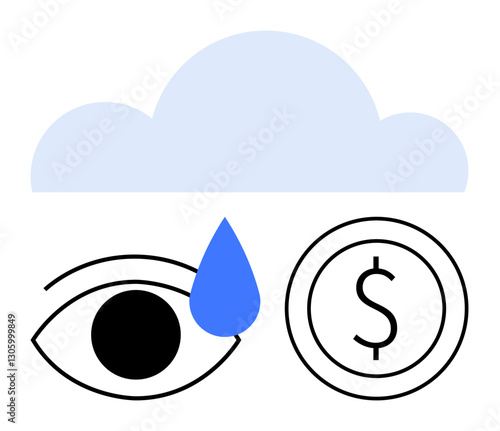 Human eye with tear drop next to a coin featuring dollar sign under cloud. Ideal for financial stress, debt, emotional impact of money, loss, hardship, budgeting, savings. Flat simple metaphor