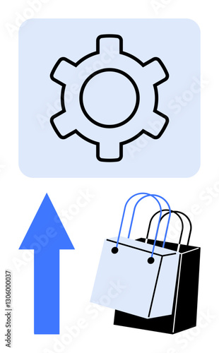 Gear icon, shopping bags, and upward arrow symbolize online store functionality, sales growth, market trends, and performance. Ideal for e-commerce, retail, business development strategy