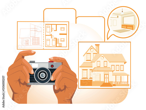Real estate video tour concept. Hands Taking a Photo of Architectural Design and House Interiors.
