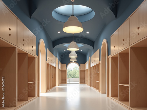 Modern interior design of a spacious hallway with wooden lockers