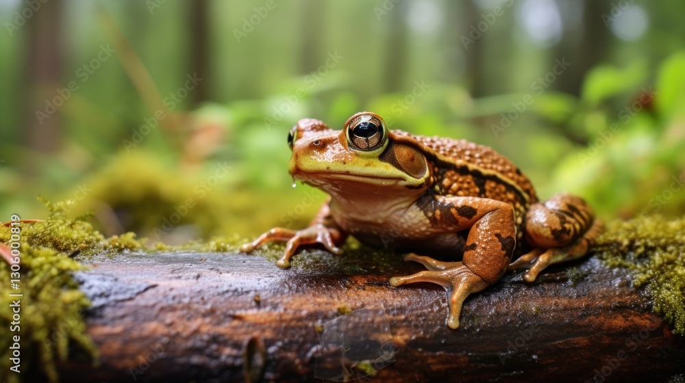 Elegantly poised frog resting on a mossy log in a lush forest setting Elegantly poised frog resting on a mossy log in a lush forest setting