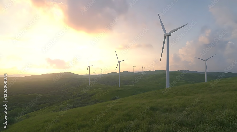 A scenic wind farm on rolling green hills, showcasing renewable energy in a tranquil landscape. A scenic wind farm on rolling green hills, showcasing renewable energy in a tranquil landscape.