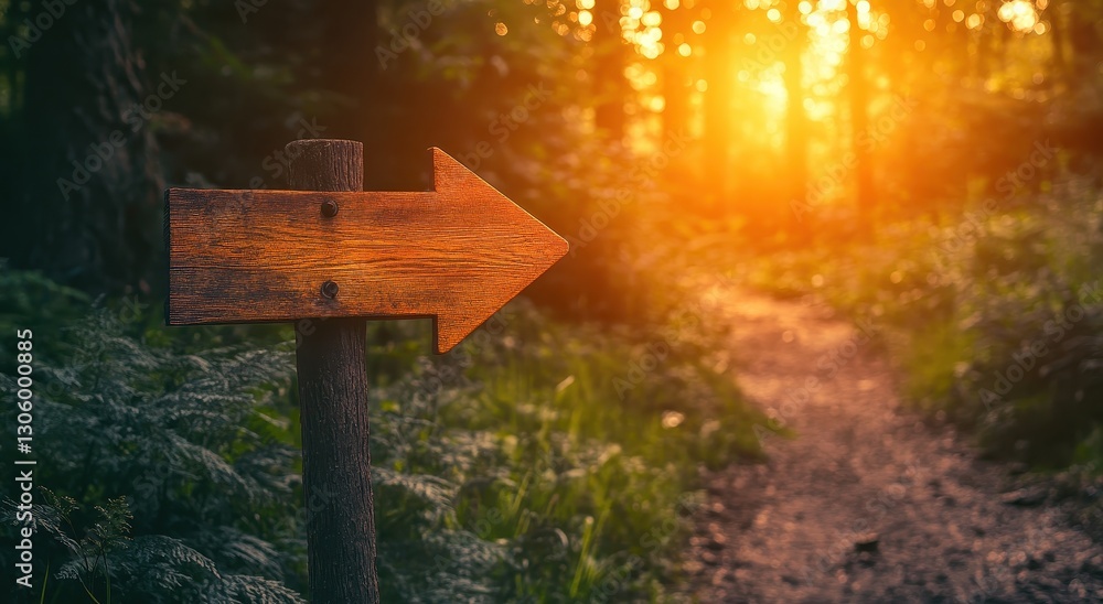 Fototapeta premium A wooden arrow points right along a forest path, illuminated by soft, golden sunlight filtering through the trees.