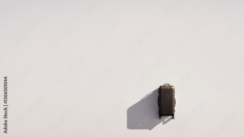 Obraz premium minimal overhead view of luggage trolley with single carry-on suitcase neatly aligned shadows and smooth white background