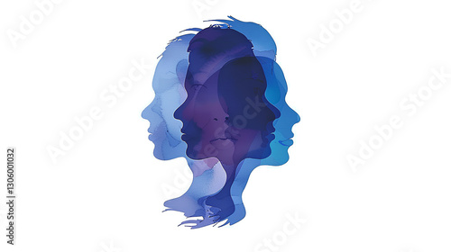 vector illustration of a human head silhouette on a clean white background, featuring multiple shadowed faces inside
