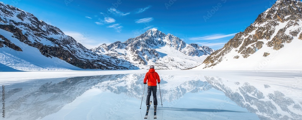 Fototapeta premium A lone skier in a red jacket stands on a snowy landscape, surrounded by majestic mountains under a bright blue sky.