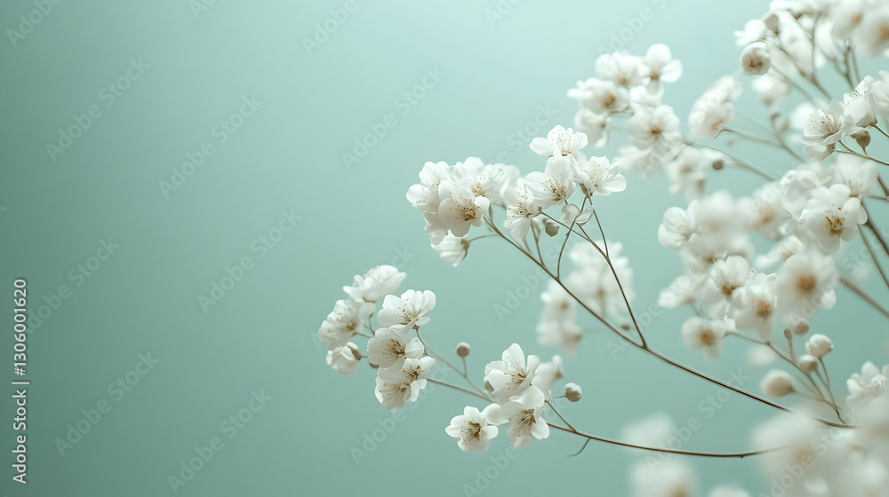 Delicate white gypsophila flowers against a soft teal background. Perfect for wedding invitations, blogs, or feminine branding. Delicate white gypsophila flowers against a soft teal background. Perfect for wedding invitations, blogs, or feminine branding.