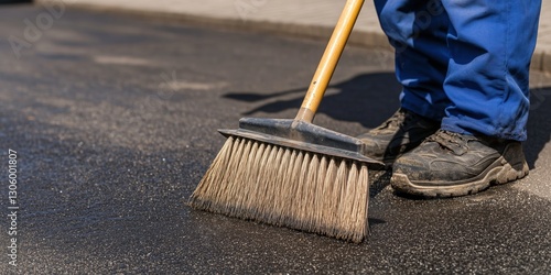 Wallpaper Mural A person dressed in blue is sweeping a dark asphalt surface with a broom, emphasizing cleanliness and order in a commercial area highlighted by natural lighting. Torontodigital.ca