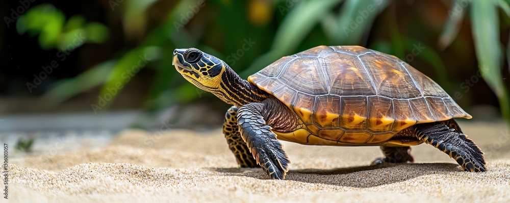 Obraz premium Emotional Support Pets Calm Concepts. Turtle walking on sand with greenery in the background.