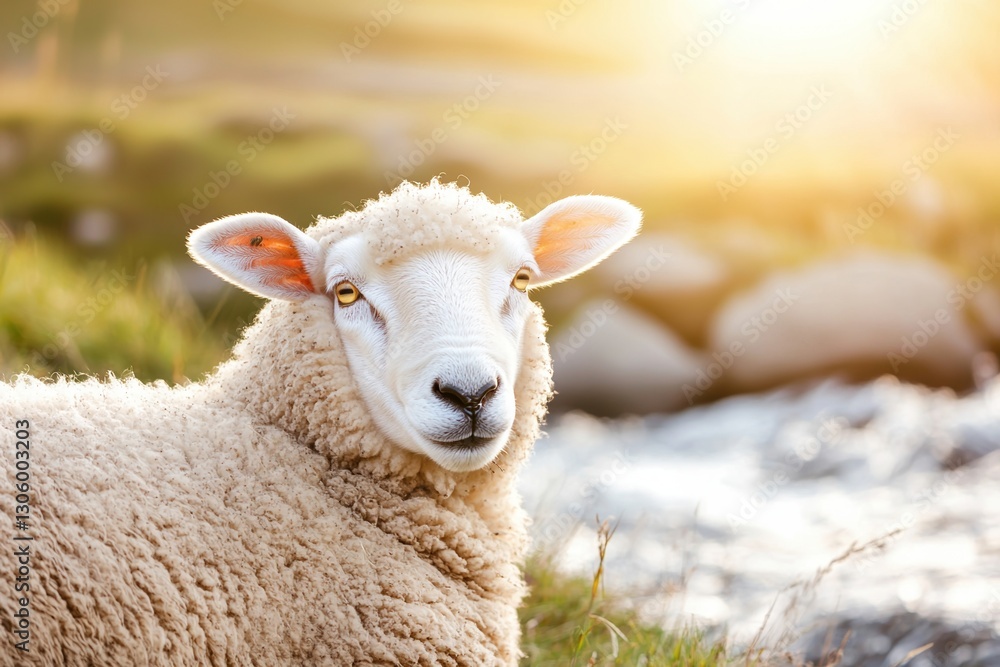 Emotional Support Pets Calm Concepts. Sheep in a sunlit meadow near a riverbank. Emotional Support Pets Calm Concepts. Sheep in a sunlit meadow near a riverbank.