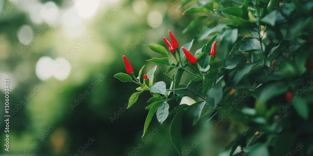 Obraz premium A close-up image of vibrant red chili peppers growing on a lush green plant, symbolizing freshness, spiciness, and culinary excitement in vibrant natural aesthetics.