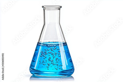 Clear Erlenmeyer Flask with Bright Blue Liquid and Bubbles on White Background