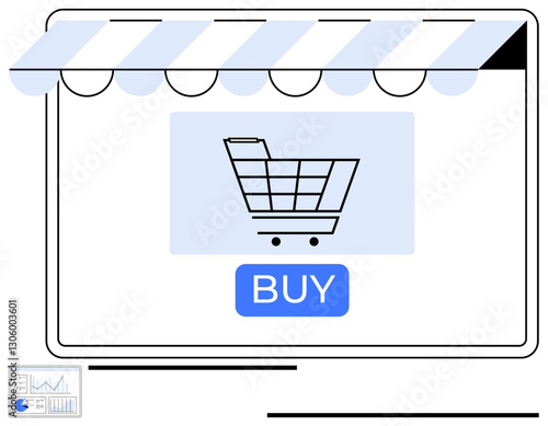 Shopping cart icon and Buy button over storefront-thumbs up design suggest online purchasing. Ideal for e-commerce, retail, marketing, transactions, sales, digital business, flat simple metaphor