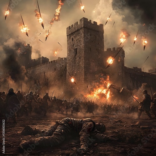 Epic Medieval Castle Siege Battle Under Fiery Bombardment in Dramatic Fantasy Landscape photo