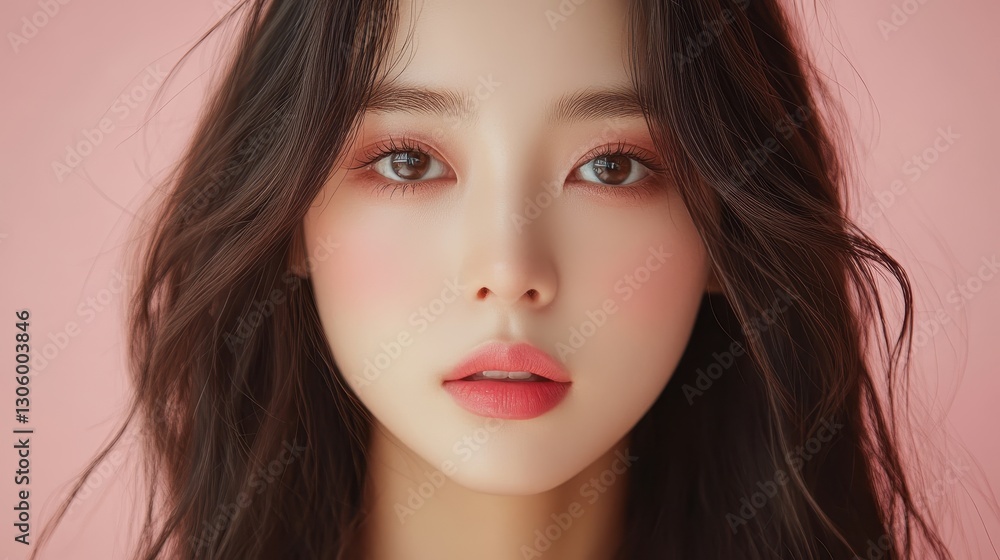 Close-up portrait of a young woman with long brown hair and subtle makeup. Ideal for beauty, fashion, or cosmetic advertising. Close-up portrait of a young woman with long brown hair and subtle makeup. Ideal for beauty, fashion, or cosmetic advertising.