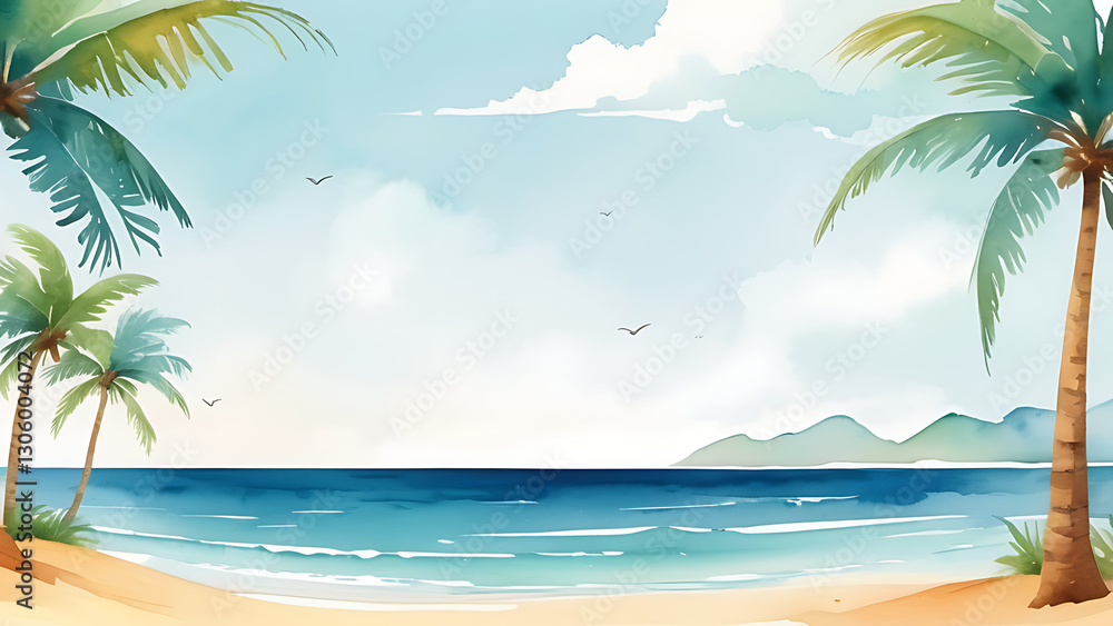 Obraz premium Watercolor Beach Scene with Palm Trees and Ocean View Artwork
