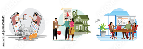 Real estate purchase or lease agreement signed isometrically. Acquiring mortgage. Real estate visiting broker.