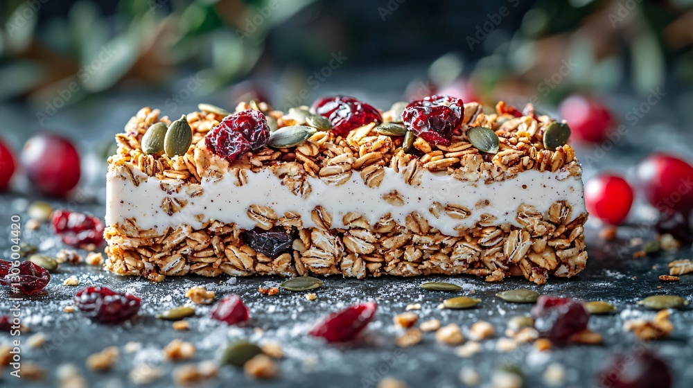 Granola Bar with Nuts, Dried Fruits, and Seeds on Dark Background Surrounded by Ingredients Granola Bar with Nuts, Dried Fruits, and Seeds on Dark Background Surrounded by Ingredients