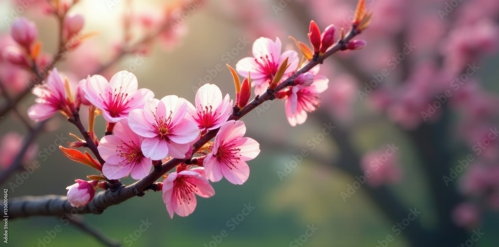 Blooming tree branches with delicate pink flowers, pink blossoms, ornamental shrub Blooming tree branches with delicate pink flowers, pink blossoms, ornamental shrub