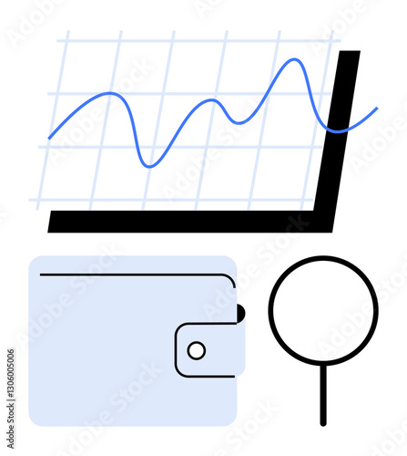 Line graph with upward trend, a light blue wallet, and magnifying glass. Ideal for finance, money management, budgeting, economy, investment data analysis savings themes. Flat simple metaphor