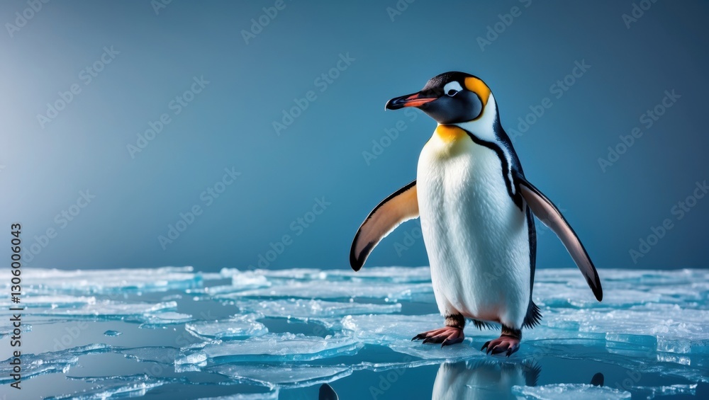 Obraz premium A solitary emperor penguin standing on a melting ice floe against a cool blue background, showcasing its vibrant colors and textures
