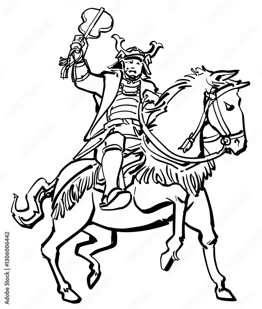 Fototapeta premium 軍配をかざす将軍-線画