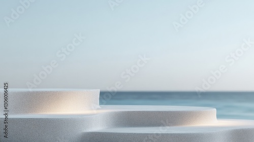 podium with soft sand textures and ocean-themed decor gently lit to create serene and natural aesthetic surrounded